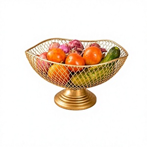 Golden Metal Fruit Basket Bowl with Pedestal Stand Decorative <b>Wire</b> Mesh Serving Bowl Multipurpose Fruit Dry Fruit Snack Holder - Product Image 1
