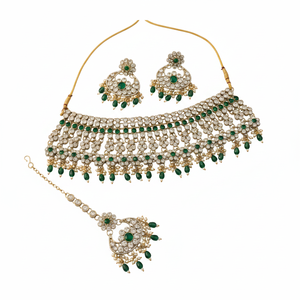 Ethnic High Quality Gold-Plated Pearl Kundan Bridal Choker Necklace <b>Set</b> Earrings Tikka Green Enamel Zircon <b>Beads</b> Third Fashion - Product Image 2
