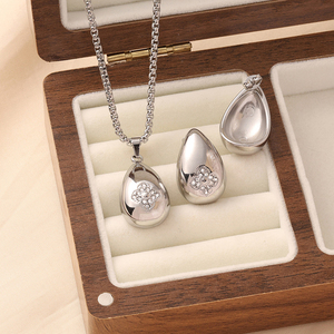 18K PVD Gold Plated Stainless Steel Teardrop Pendant <b>Necklace</b> & <b>Earrings</b> <b>Set</b> with Paved Crystal Flower Design for Women - Product Image 3