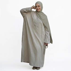 Vêtements islamiques Fashionista Dubaï en lin uni respirant, coupe droite, longueur cheville, manches longues, haut court, modeste et traditionnel - Product Image 1