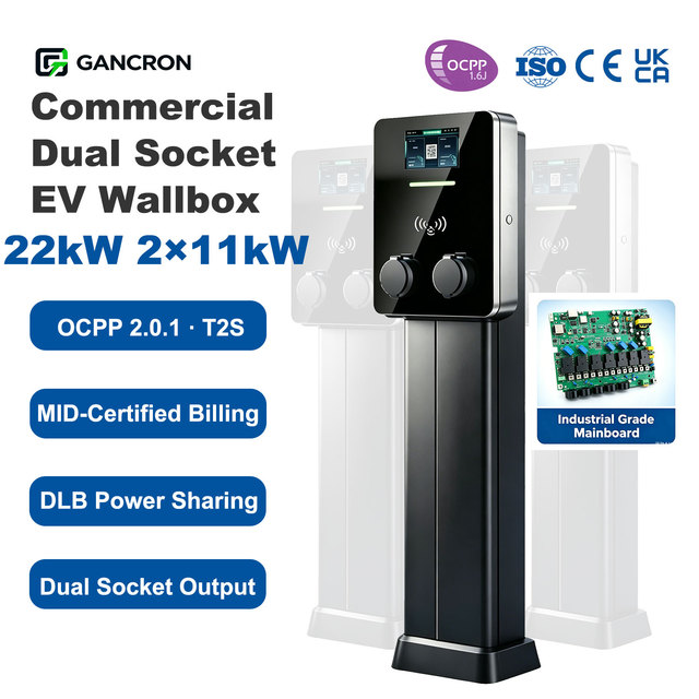 22kW Double Dual Gun AC EV Charger With Socket OCPP 2.0.1 Commercial EV Charging Station for Workplace & Apartment Parking