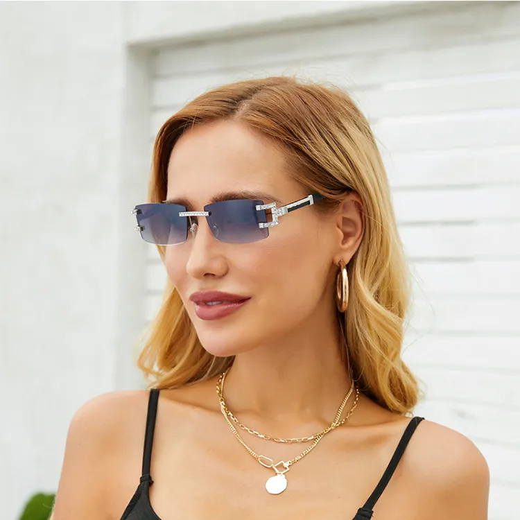 Thời Trang Không Vành Sunglasses Thiết Kế Mới Retro Bắt Chước Kính Bằng Gỗ Thiết Kế Thương Hiệu Ladies Rhinestone Sun Glasses