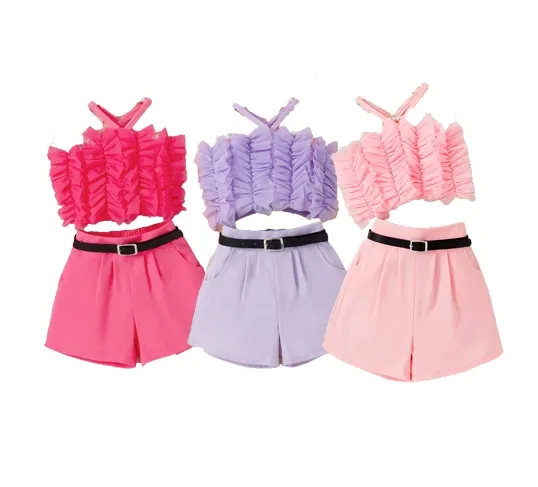 FuYu, pantalones cortos con cuello colgante de encaje de malla para niñas de verano de alta calidad con cinturón, conjunto Hipster para niños