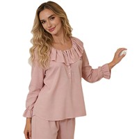 Ensemble de robe longue d'hiver pour femmes en tissu tissé avec col en dentelle rose lotus - Vêtements de nuit décontractés et confortables pour la maison