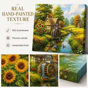 Peinture <span class=keywords><strong>à</strong></span> l'huile sur toile, décor mural, motif <span class=keywords><strong>moulin</strong></span> <span class=keywords><strong>à</strong></span> <span class=keywords><strong>eau</strong></span>, ruisseau, tournesols, canards, cabane <span class=keywords><strong>à</strong></span> toit <span class=keywords><strong>de</strong></span> chaume, <span class=keywords><strong>roue</strong></span> <span class=keywords><strong>à</strong></span> <span class=keywords><strong>eau</strong></span>, art populaire, peint <span class=keywords><strong>à</strong></span> la main - Product Image 2