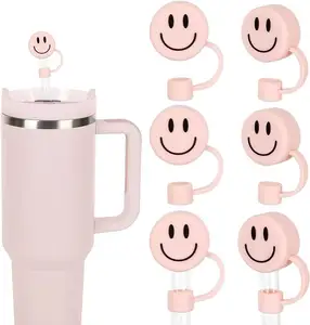 Reusable Round Smile Face Shape Silicone 10mm Dust Proof Drinking Straw Topper Covers Charms Wholesale