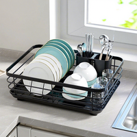 Support de rangement multifonctionnel en métal pour bols et assiettes, design moderne, à un seul niveau, noir, avec égouttoir et rangement pour baguettes