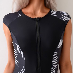 Maillot de bain une pièce imprimé patchwork pour femme avec fermeture éclair, effet amincissant et contrôle du ventre, tailles S-M-L-XL, en fibre de polyester - Product Image 3
