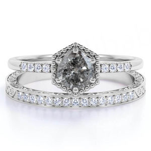 แหวนเงินแท้ 925 รูปหัวใจ ประดับเพชรด้านข้าง ดีไซน์เกลือและพริกไทย สำหรับงานหมั้นและงานแต่งงาน ทรงโรสคัท - Product Image 3