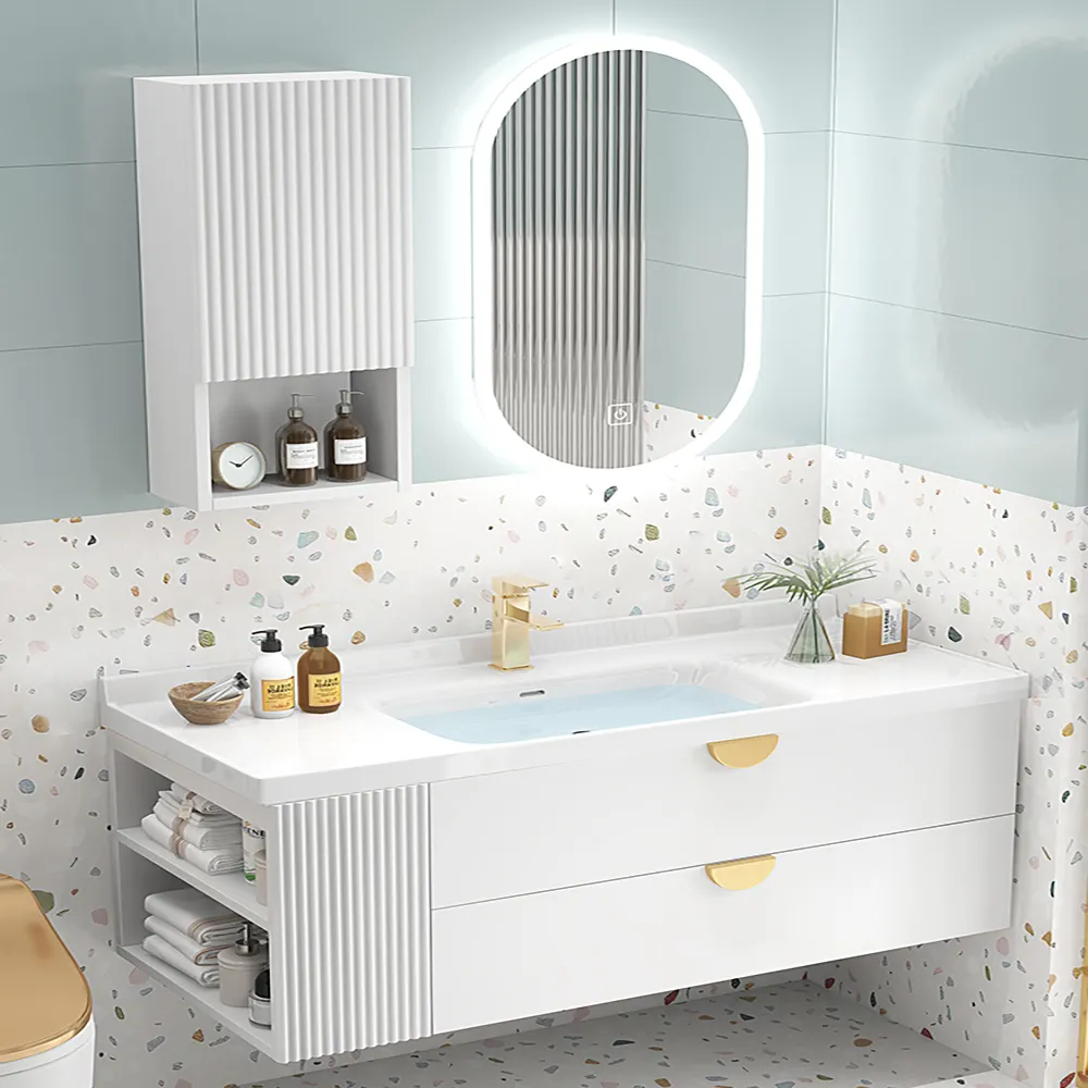 Meuble de salle de bain vanité panneau en bois armoire de salle de bain avec miroir vanité de salle de bain avec évier mural