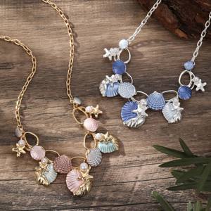 สร้อยคอรูปปลาดาวหลากสีสันสำหรับผู้หญิงสำหรับวันพักผ่อนริมชายหาด สร้อยคอแฟชั่นหรูหราสไตล์วินเทจประดับเปลือกหอยเคลือบสี - Product Image 1