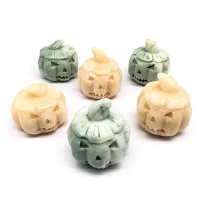 Factory price Natural Stone Hand Carved Green jade 6cm pumpkin crystal craft yellow calcite pumpkin For halloween gift