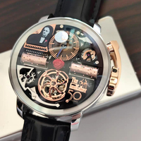 Montre squelette pour homme, boîtier en acier inoxydable, cadran rouge rose de 49 mm, mouvement mécanique, bracelet en cuir véritable