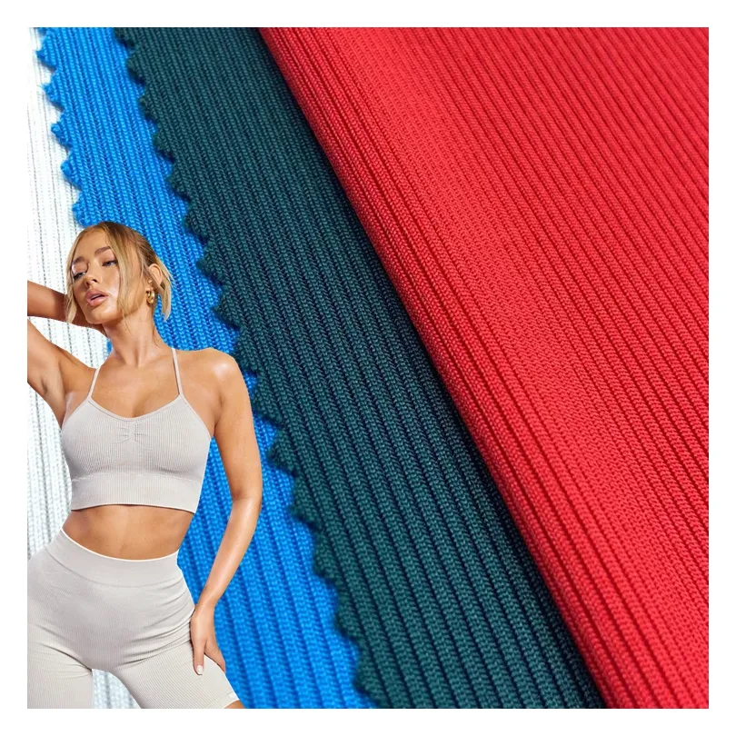 Custom bright color lycra ribbing 95 polyester 5 spandex solid 2x2 rib knit fabric for sports yoga wear