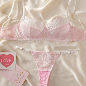 Ensemble de <span class=keywords><strong>soutien</strong></span>-<span class=keywords><strong>gorge</strong></span> en dentelle florale rose et blanche, maille transparente, bretelles réglables, nœud décoratif, lingerie sexy pour femmes, douce et respirante - Product Image 1