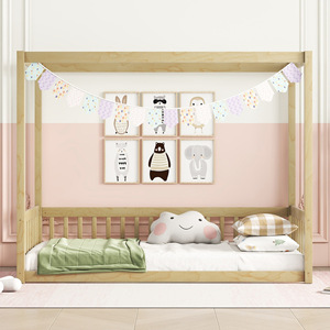Lit enfant à baldaquin en bois massif avec barrière de sécurité, jaune terreux, structure durable, pour chambre d'enfant - Product Image 3