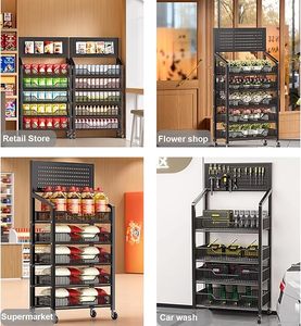 4 Tier kim loại cầm tay bán lẻ Rack hiển thị với bánh xe 24inch rộng Snack hiển thị đứng 15 Hooks bếp văn phòng siêu thị màu đen - Product Image 4