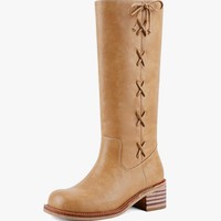 Bottes hautes en cuir kaki pour femme, à bout rond, talon bloc en bois, à lacets, style ferme, décontractées, pour le quotidien, bottes d'équitation