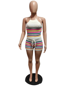 Viviblook Z1018ST07 Mujeres Sexy Stripe Print Knitted Tops y Shorts Chándales Conjunto de pantalones cortos de dos piezas Ropa de mujer Trajes - Product Image 2