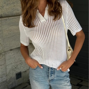 T-shirt d'été à manches courtes en maille ajourée de couleur unie pour femme – Tendance - Product Image 6