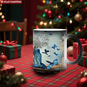Mug magique en céramique noir givré de 11 oz, changeant de couleur, avec motif de papillons et de fleurs - Product Image 2