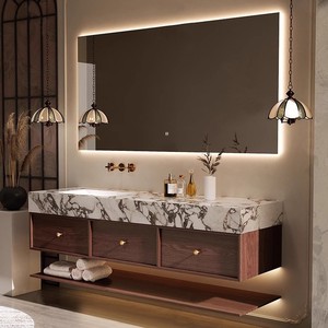 Meuble de salle de bain suspendu style Mid-Century en noyer avec finition peinture noire, lavabo en pierre frittée sans joint noir et blanc - Product Image 5