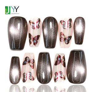 <span class=keywords><strong>Uñas</strong></span> postizas de gel auténtico con diseño de mariposa láser hechas a mano OEM, <span class=keywords><strong>uñas</strong></span> acrílicas artificiales de ataúd oscuro hechas a mano al por mayor - Product Image 1