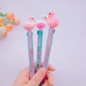 Lucu Flamingo Kartun Silikon Tekan 3 Warna Ballpoint Pena Menulis Bola Titik Pena Sekolah Kantor Perlengkapan Gratis Pengiriman