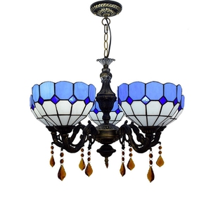 Tiffany Baroque Style Chandelier Light Blue Stained <strong>Glass</strong> <strong>LampShade</strong> 5 Lights <strong>Pendant</strong> Light for Living Room Bedroom Hotel - Product Image 2