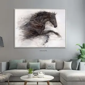 <span class=keywords><strong>Peinture</strong></span> sur toile personnalisée en gros, tête d'animal peinte sur toile naturelle, décoration murale, <span class=keywords><strong>cheval</strong></span> noir sur toile pour salon - Product Image 1