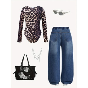 Set Y2K per Ragazze: Top con Fibbia Stampa Leopardata Marrone e <span class=keywords><strong>Pantaloni</strong></span> Larghi in Denim, Spandex/Poliestere - Product Image 2
