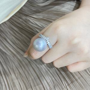 12-13mm Natural Round <b>Pearl</b> <b>Ring</b> 925 Sterling Silver Featuring Large Grain Horse Eye Diamonds Classic Romantic Style - Product Image 3