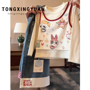 Tongxingyuan Girls Two Piece Cartoon T Shirt And Jeans Set Long Sleeve Cotton Spring Autumn Outfit - Product Image 2