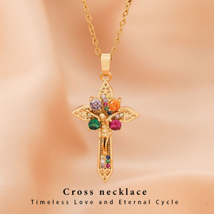 Kalung Liontin Salib Yesus Berlapis Emas Tembaga dengan CZ, Rantai Link, Perhiasan Religius Wanita Trendi, Hadiah - Product Image 1