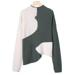 Pull en laine mérinos tricoté sur mesure pour femme, col montant, color block, hiver, manches longues, pull long - Product Image 1