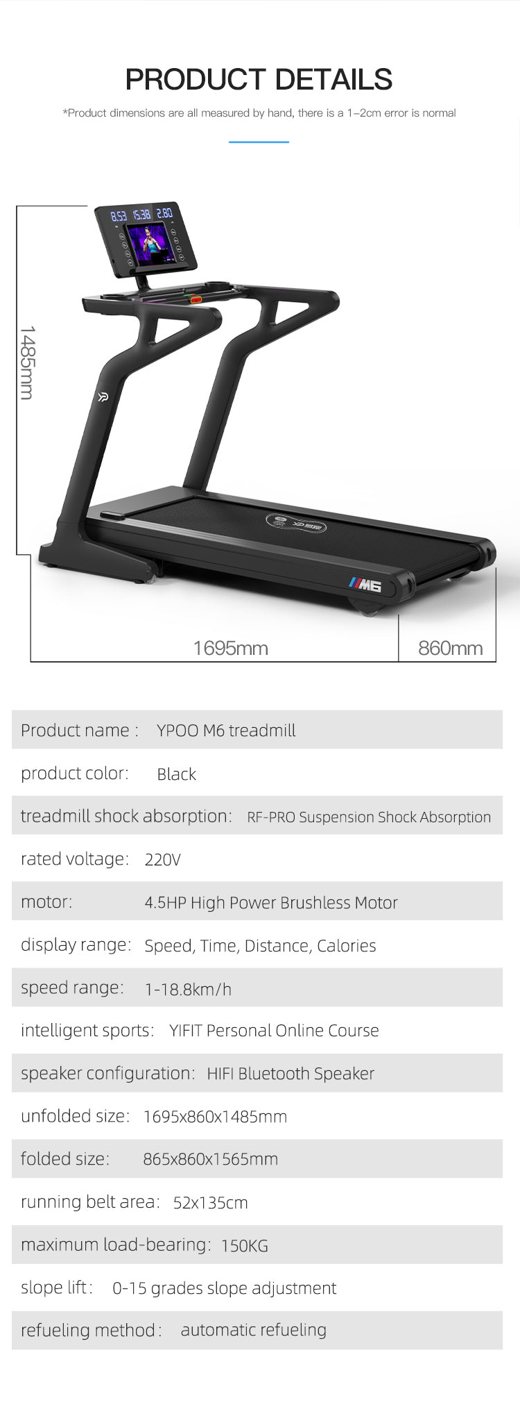 YPOO factory wholesale price new model M6 home use electric treadmill gym fitness equipment