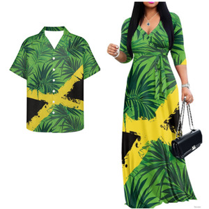 Abbigliamento Popolare Giamaicano, Completi Coordinati con Bandiera Giamaicana per Coppie, Set Eleganti di Abiti e Camicie Neri e Verdi per Uomini e Donne per Eventi - Product Image 2