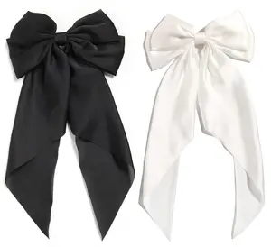 SongMay New Design Silky Satin Bow Clipes de Cabelo Cauda Longa Clipe para Meninas Mulheres Grandes Arcos de Cabelo Sólido Hairpin