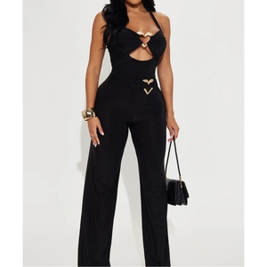 Combinaison moulante sexy pour femme, couleur unie, avec bretelles métalliques ajourées et dos nu, tendance - Product Image 4