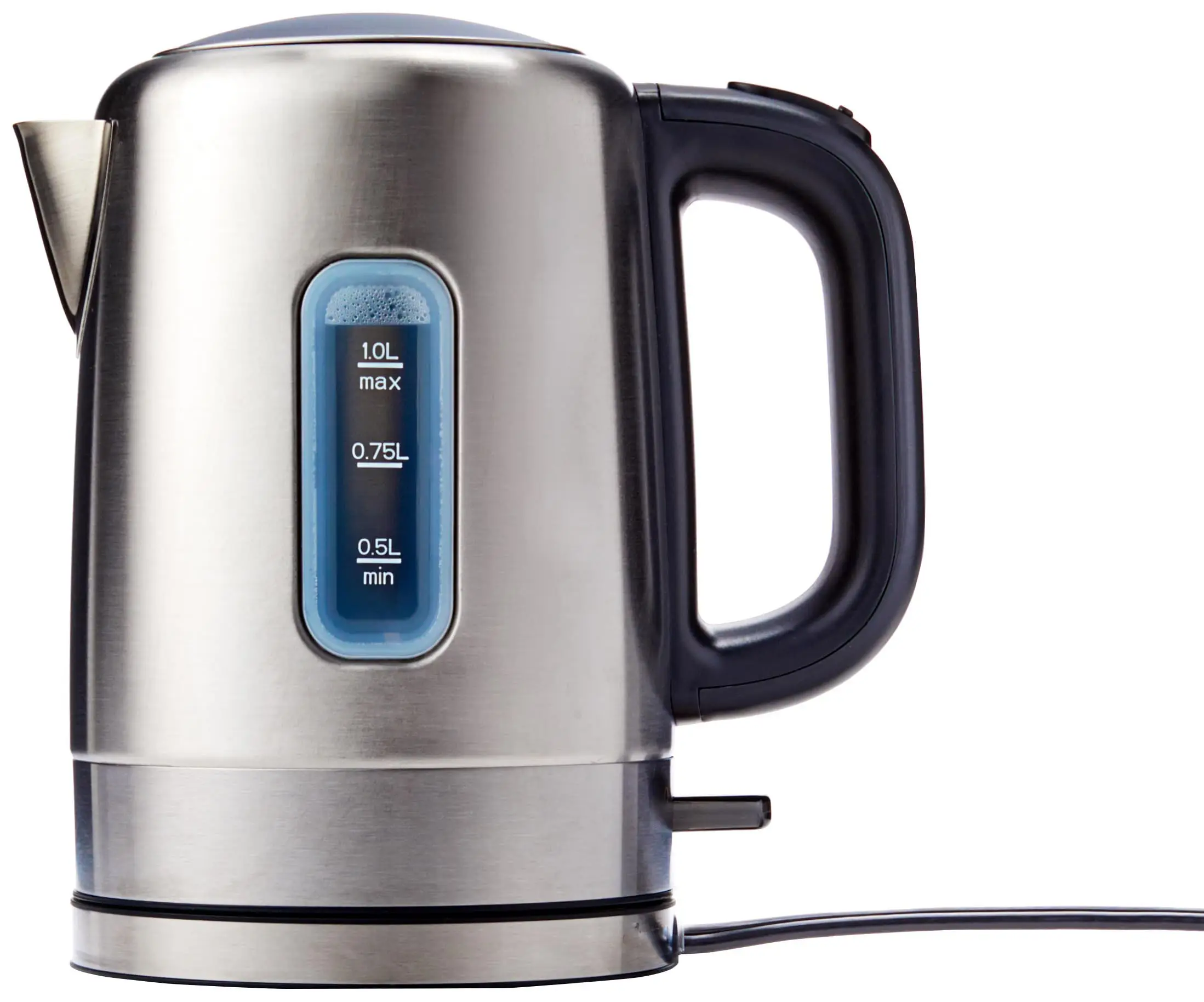 Chaleira elétrica portátil de aço inoxidável rápida para chá e café, desligamento automático, 1 litro, preta e tira