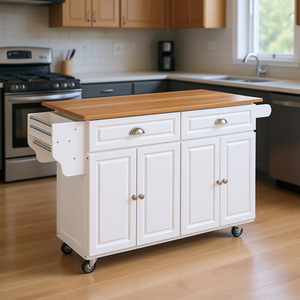 Carrello da Cucina Bianco con Ruote e Piano Ribaltabile in Legno di Gomma, 2 Cassetti, Design Moderno - Product Image 2