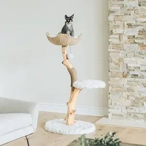 モダンなシングルブランチキャットタワー持続可能なウッドキャットコンドクライミング家具と猫愛好家へのギフト