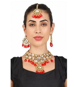 Premium Alloy Bridal Necklace Set with Matching Earrings Maang Tikka Trendy Decorative Bead Work Quartz Wedding Party Styling - Product Image 5