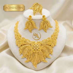 Classic Antique Design Short <b>Charm</b> Necklace Set with Earrings & Rings Box Chain Flower 18K Gold Plated Brass Jewelry for Women - Product Image 1