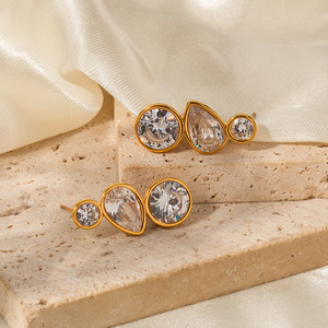 <b>Stud</b> <b>Earrings</b> Geometric Zircon Bezel Setting 18K Gold Plated Stainless Steel Everyday Wear - Product Image 3