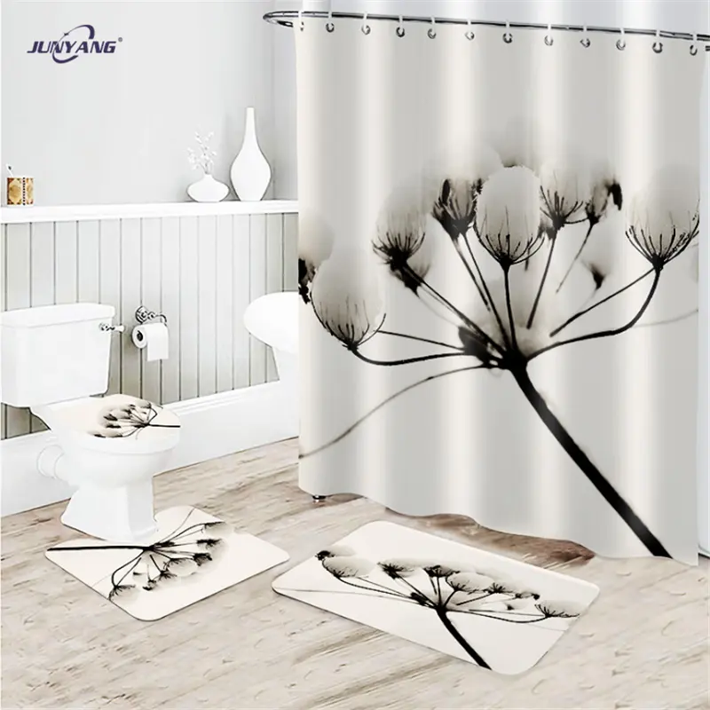 Factory Custom Print Polyester Waterproof Anti-mildew Thicken Shower Curtain And Rugs Sets For Bathroom