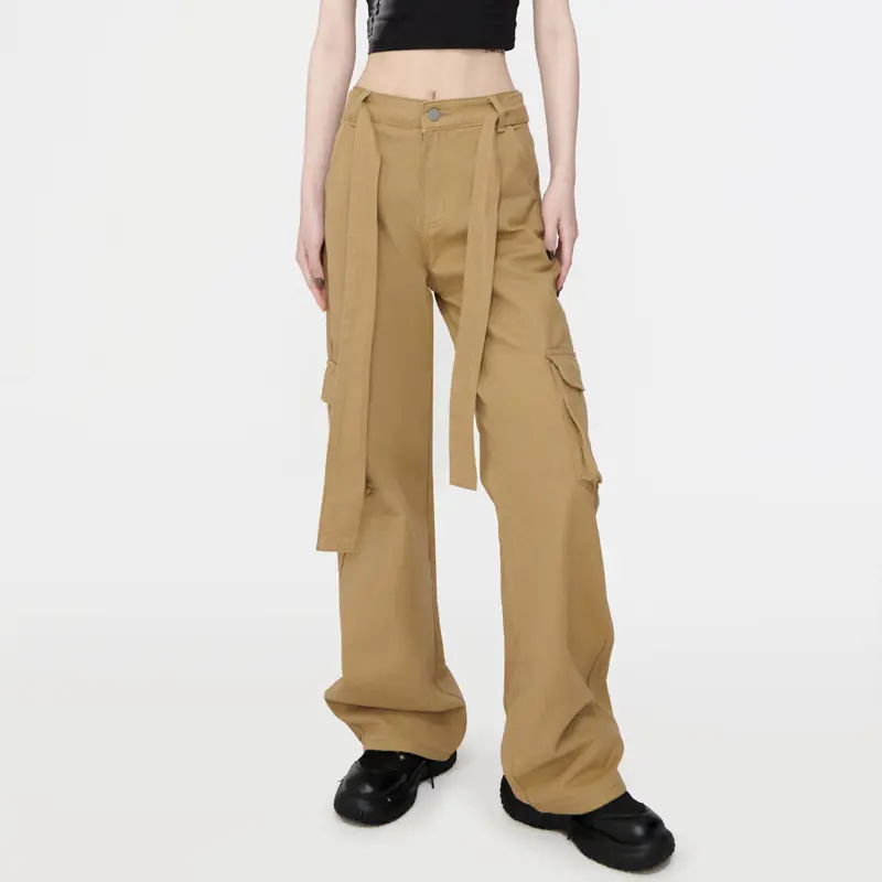 High waist straight overalls women's 2022 autumn new loose and thin wide leg pants vintage brown Cargo Pant women