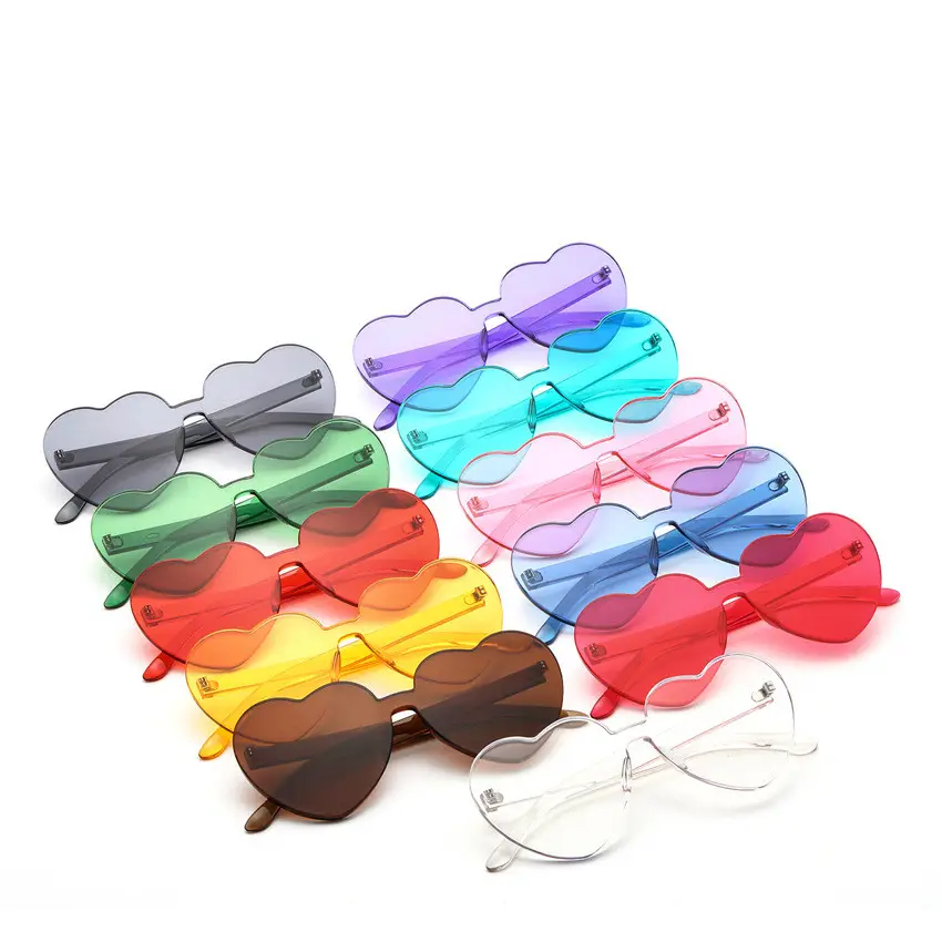 L615 Wholesale Custom Frameless Lens Eyewear Candy Color PC Rimless Sun Glasses New Trendy Loving Heart Shape Sunglasses