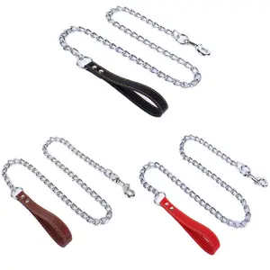 Durable Anti-Bite Metal Dog Chain Lead For Small Medium Large Dog Chain Leash Handle Leads PU Leather Iron Chain Pet Accessories