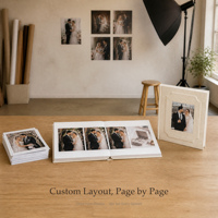 Service d'impression d'albums photo en velours crème avec couverture à panneaux rainurés, pages à ouverture plate, mise en page personnalisée pour les photographes d'événements